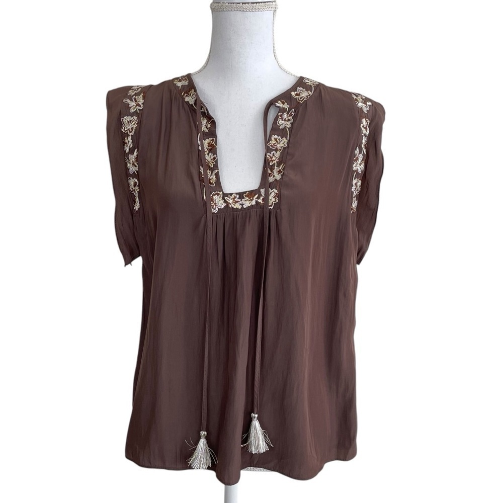 Ramy Brook Short Ruffle Sleeves Tie Neck Floral Embroidery Brown Blouse - Picture 1 of 9